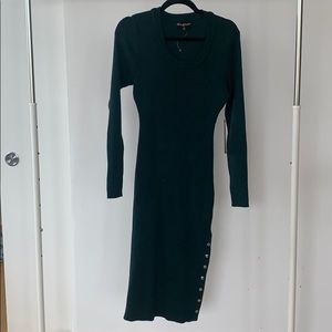 long sleeve green dress with a stretchy material.